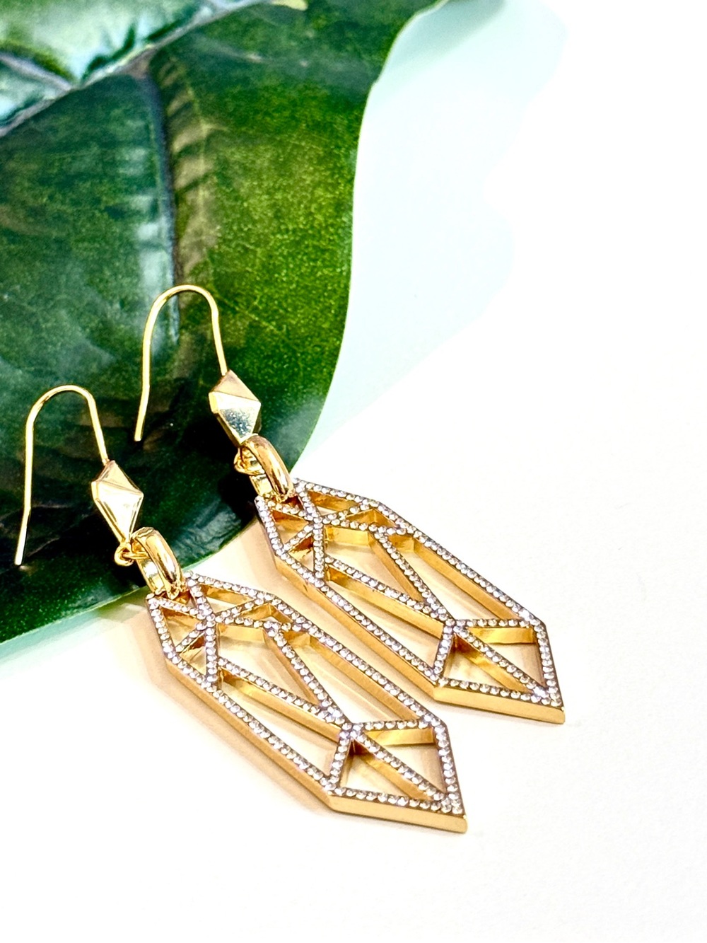 Neiman Marcus Gold Crystal Pavé Caged Drop Earrings NWT